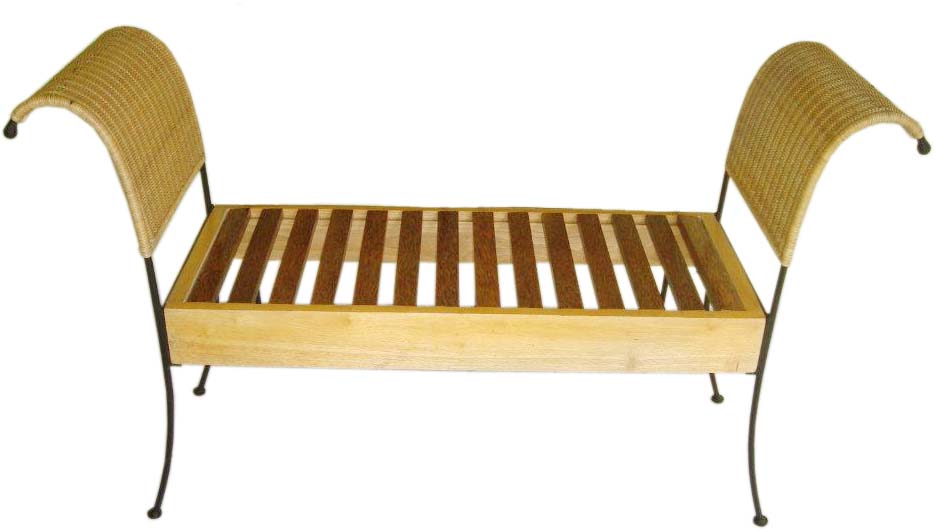 Two seater bench with double armrests made of cane and a seat made of wood.
